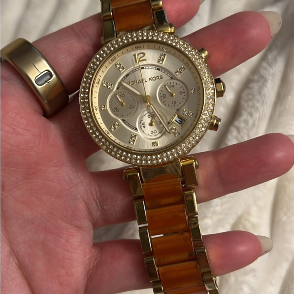 Michael Kors Gold Tone Watch with Amber Links and Crystal Bezel